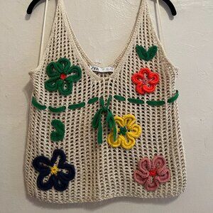 Zara Floral Crochet Knit Top Multicolored | NWOT | L